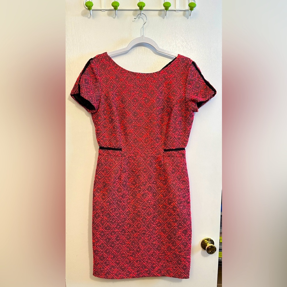 Antonio Melani Womens Tweed Dress Size 8 Pink Black Metallic Gold Zip Back